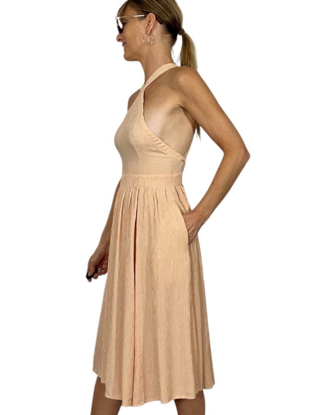 Christy Dawn Arrow Dress S Orange Striped Halter Midi Pockets - Picture 4 of 16